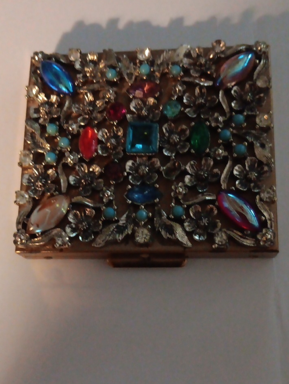 Vintage Jeweled Floral Compact - Multicolor Stones